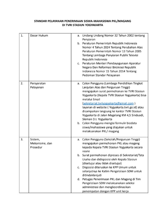 STANDAR PELAYANAN PENERIMAAN SISWA-MAHASISWA PKL/MAGANG DI TVRI STASIUN YOGYAKARTA